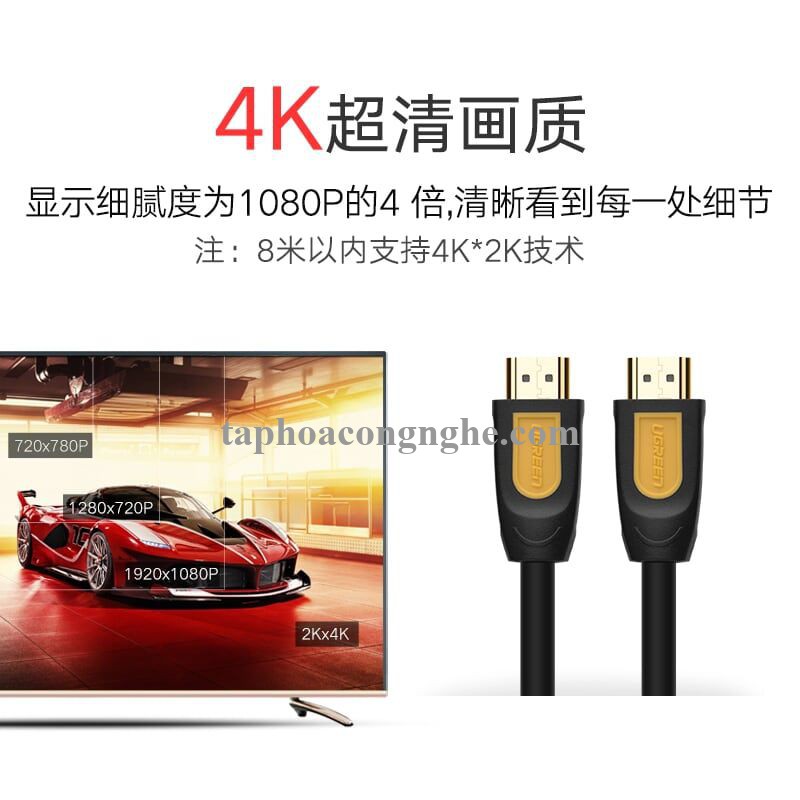 Ugreen 10130 3M màu Vàng Cáp tín hiệu HDMI chuẩn 1.4 hỗ trợ phân giải 4K * 2K HD101 30010130